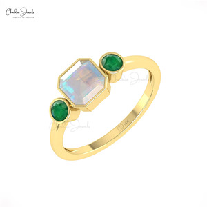 Chordia Jewels 14K Solid <b>Gold</b> Natural 6mm Opal Octagon <b>Ring</b> Bezel <b>Set</b> With Emerald Side Stones Women's Classic Engagement <b>Ring</b> - Product Image 6