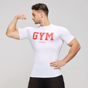 T-shirt de compression à manches courtes gris pour homme, coupe ajustée, séchage rapide, tissu jersey sportif, col rond, couleur unie, t-shirt d'entraînement - Product Image 2