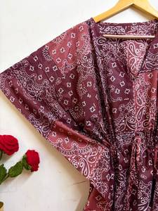 Women Brown Floral Print Cotton Maxi <b>Kaftan</b> Dress | Casual V-neck Batwing Sleeves Eco-Friendly <b>Beach</b> Cover-Up Resort Wear Free - Product Image 2