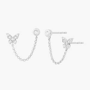 Boucles d'oreilles à double piercing en chaîne, en or massif 14k 18k, avec diamant de laboratoire rond serti en clos en forme de papillon, clous à pression, bijoux fins, vente en gros - Product Image 3