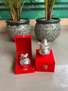 Indian German Silver Plated <b>Small</b> mangal kalash with red velvet <b>box</b> Pooja Kalash Lota with Coconut Leaves wedding return <b>gift</b> - Product Image 4