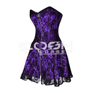 Proveedor mayorista de vestido corto acampanado con corsé de encaje floral negro y satén morado, con cremallera frontal. - Product Image 6