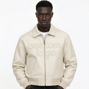 Veste universitaire en cuir sur mesure pour homme, veste bomber en cuir véritable avec patchs en chenille personnalisés, graphismes brodés et bordure côtelée - Product Image 2