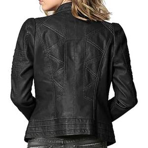 Women's Leather Moto Jacket Stand Collar Full Sleeve <b>Zipper</b> Closure Windproof Quick Dry Breathable Solid Black Winter Wear - Product Image 3