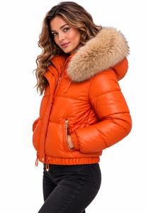 Veste matelassée en cuir PU orange à capuche avec col en fourrure, coupe-vent, épaisse, pour l'hiver, style décontracté, fermeture éclair courte - Product Image 2