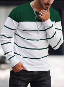 Camisa Casual de Punto para Hombre, a Rayas Verdes y Blancas, Manga Larga, Sin Cuello, Moda Primavera, 100% Algodón, Antiencogimiento, ODM - Product Image 6