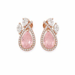 14ct Rose Gold Pink Quartz Diamond Pendant Earrings <b>Set</b> for <b>Women</b> High Polish Pear Shape Engagement Party Wedding Jewelry <b>Gift</b> - Product Image 3