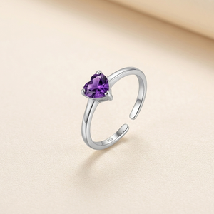 925 Sterling Silver Heart Cut Amethyst <b>Open</b> <b>Ring</b> Purple Gemstone Adjustable Fine Jewelry for Women - Product Image 1