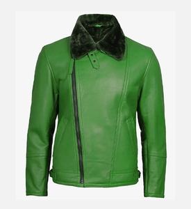 Green <b>Leather</b> Motorcycle <b>Jacket</b> <b>Men</b> Sherpa Lined Biker Coat Zip Up Casual Outerwear - Product Image 3