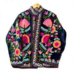Women's Safari <b>Jacket</b> Winter Long Logo Animal Print <b>Mandarin</b> <b>Collar</b> Full Sleeve Green 100% Cotton Breathable Lightweight Velvet - Product Image 3