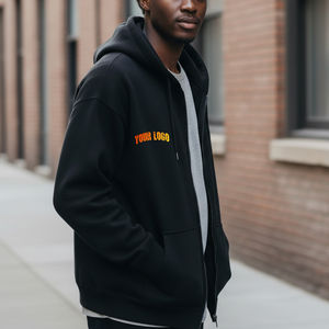 Sweat-shirts à capuche pour hommes 100 % coton, surdimensionnés, épais, avec fermeture éclair brodée, respirants et teints unis – Vente en gros - Product Image 1