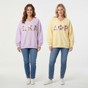 <b>Women's</b> <b>V</b>-<b>Neck</b> <b>Sweatshirt</b> With Floral Sequined Delta Phi Rho Letters Pink Sleeve Knitted Cotton Autumn Wear - Product Image 4