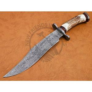 Couteau Bowie en acier Damas fait main, neuf, 15 pouces, lame fixe, couteau de chasse, couteau de survie en plein air avec manche en bois de cerf/Damas - Product Image 1