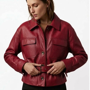 Chaqueta Bomber de Piel de Oveja Genuina para Mujer, Cuello Camisero, Manga Larga, con Cinturón, Estilo Motociclista, para Invierno - Product Image 4