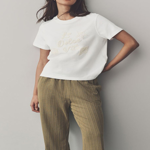 Camiseta de Punto Bordada de Manga Corta y Cuello Redondo para Mujer, Blanca, Informal, para Primavera y Verano, Corte Regular, 100% Algodón - Product Image 3