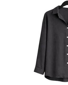 Ensemble deux pièces en lin noir pour femme, chemise à manches longues boutonnée et pantalon large à taille élastique, tenue décontractée - Product Image 4