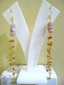 Boucles d'oreilles pendantes faites à la main en pierre de lune pêche naturelle, perles facettées rondelles de 7-8 mm, plaquées or - Product Image 3
