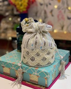 Unique Design Beige Silk Potli Bag <b>Pink</b> Mirror Work Zardosi Embroidery Women Wedding Bridal Drawstring <b>Purse</b> Ethnic Handbag - Product Image 4