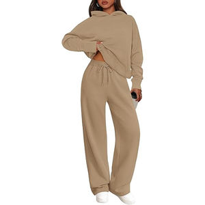 Women's Beige Hooded Sweatshirt And Wide Leg Pants Set Casual Loose Fit Full Sleeve Solid Color Drawstring Waist <b>Tracksuit</b> - Product Image 3
