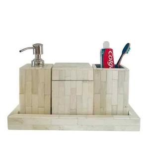 Classic Black & White Bone Inlay Vanity <b>Set</b> Four Piece Square Checkerboard Design Easy To Clean <b>Soap</b> Dish <b>Dispenser</b> Cups <b>Set</b> - Product Image 2