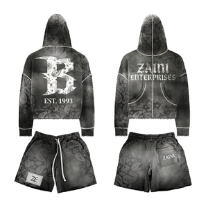 Ensemble pull à capuche et short d'hiver personnalisé pour homme, 340 GSM, polyester/coton respirant, couleur unie, logo personnalisé sur le devant, style streetwear court - Product Image 1