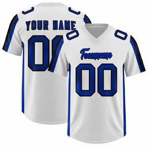 Maillot de football américain unisexe personnalisé blanc et bleu, impression par transfert thermique, col en V, manches courtes, évacuation de l'humidité, impression du nom de l'équipe - Product Image 1