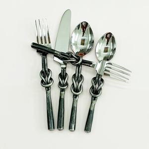 Ensemble de couverts Vintage à Double nœud, poignée noire, acier inoxydable, argent, poli miroir, sécurité alimentaire - Product Image 2
