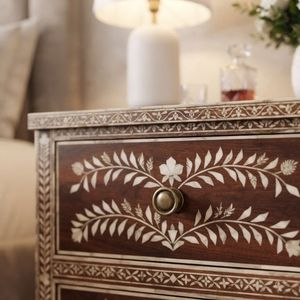 <b>Black</b> Bone Inlay Modern Bedside Nightstand 2 Drawer Floral Carved Bedroom Accent <b>Side</b> <b>Cabinet</b> - Product Image 4