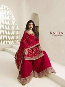 "Heavy Chinon Gharara Set con Dupatta bordada, interior de seda crepé y estilo de tendencia Palazzo cosido" - Product Image 2