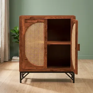 Mueble de Almacenamiento de Madera Vintage con Doble Puerta Tejida a Mano con Mimbre y Patas de Metal, Mueble Rústico para Dormitorio o Sala de Estar - Product Image 3