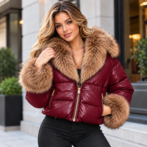 Chaqueta Acolchada de Invierno para Mujer, Color Borgoña, Estilo Motociclista, con Ribete de Piel de Zorro, Cierre de Cremallera, Transpirable y Elegante para Clima Frío - Product Image 1