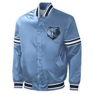Chaqueta Universitaria Personalizada Azul Cielo Satinado para Hombre, Chaqueta Bomber con Ribete en Contraste Azul Marino, Uniforme de Béisbol Letterman al por Mayor - Product Image 1