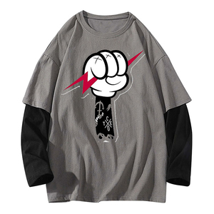 เสื้อยืดแขนยาวโอเวอร์ไซส์สำหรับผู้ชาย คอกลม แต่งขอบตัดกัน ผ้าฝ้ายเจอร์ซีย์ถัก 100% สีพื้นเรียบง่าย ดีไซน์เรียบๆ - Product Image 4