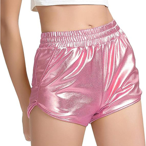 <b>Light</b> Pink Metallic Shorts Women Wide Elastic Smocked Waist No Drawstring Side Pocket Glossy Shiny <b>Rave</b> - Product Image 3