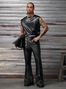 Pantalones de cuero negros acampanados para hombre con cremallera en el bajo, estilo motero, a la moda, para streetwear - Product Image 6