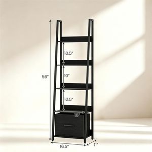 Scaffale a 5 livelli con cassetti in tessuto, libreria industriale stretta con dispositivo anti-ribaltamento e pannello posteriore, contenitore in legno e metallo per cappotti da donna - Product Image 3