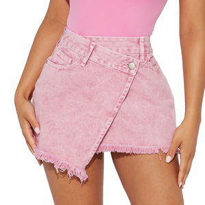 Minifaldas vaqueras asimétricas de tiro medio para mujer, precio de fábrica al por mayor, con detalle de dobladillo deshilachado, elegantes minifaldas vaqueras para mujer - Product Image 1