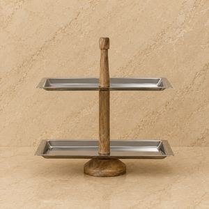Moderno Soporte de Servicio de Dos Niveles de Madera y Acero Inoxidable con Bandejas Rectangulares, Organizador Premium para Exhibir Postres y Bocadillos - Product Image 1