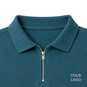 Polo pour homme personnalisé bleu sarcelle en maille gaufrée à col zippé, respirant, à manches courtes, décontracté, pour le golf et le tennis, haut de performance - Product Image 5