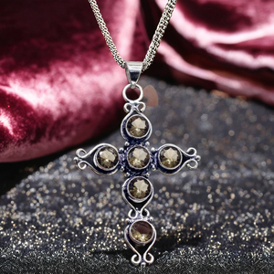 Pendentif croix en quartz fumé naturel marron antique fait à la main en argent vintage bijoux religieux spirituels réglage de lunette pour hommes femmes - Product Image 1