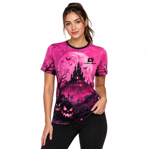 เสื้อยืดกราฟิกฮาโลวีนลายพิเศษสำหรับผู้หญิง สีดำชมพู ลายฟักทอง บ้านผีสิง ค้างคาว ดีไซน์พิมพ์ลาย 3 มิติ แบบระเหิดสี แขนสั้น แฟชั่น - Product Image 1