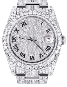 Montre à quartz en acier inoxydable sertie de diamants de luxe, cadran rond, chiffres romains, fermoir déployant, unisexe, 40 mm - Product Image 1