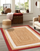 Tapis artisanal en jute naturelle rouge et blanc, tressé, style farmhouse bohème, pour salon et chambre