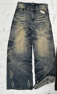 Pantalones anchos de mezclilla 100% algodón para hombre, estilo urbano, sexy, color liso marrón, vintage, lavado sucio, tejido personalizado - Product Image 2