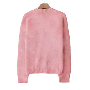 Suéter de punto de mohair rosa para mujer, cuello redondo, manga larga, informal, suave, cálido, holgado, puños y bajo acanalados, de secado rápido, para invierno - Product Image 2