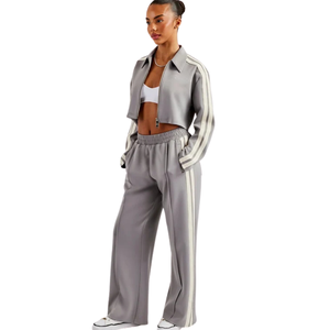 <b>Womens</b> Cropped Full Zip Tracksuit Set Stand Collar Sleeve <b>Stripes</b> Wide Leg <b>Trousers</b> Drawstring Waist Two Piece Streetwear Outfit - Product Image 4