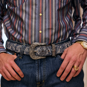 Cinturón de Cuero Grabado a Mano con Diseño Floral Gris y Negro Estilo Western Premium para Hombre y Mujer, Acabado Vintage de Mármol de Alta Calidad - Product Image 4