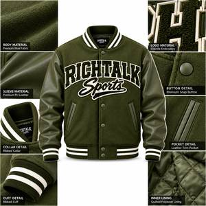 Veste varsity slim fit vert olive pour homme avec logo brodé sur le devant, col rabattu bicolore pour l'automne - Product Image 6
