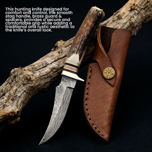 Cuchillo de Caza Personalizado Hecho a Mano de Acero de Damasco con Mango de Cuerno de Ciervo, Hoja Fija, Punta Caída, Cuchillo Táctico de Supervivencia - Product Image 3