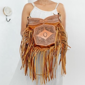 New Best Seller Hand Tooled Leather Western Women Crossbody Purse Hair On Cowhide Fringe <b>Conceal</b> Carry Genuine Leather Handbag - Product Image 2